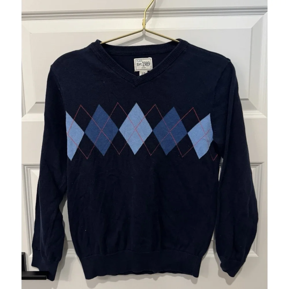 THE PLACE Boys Navy Argyle Sweater Size Large L 10 12 Long Sleeve V Neck Preppy